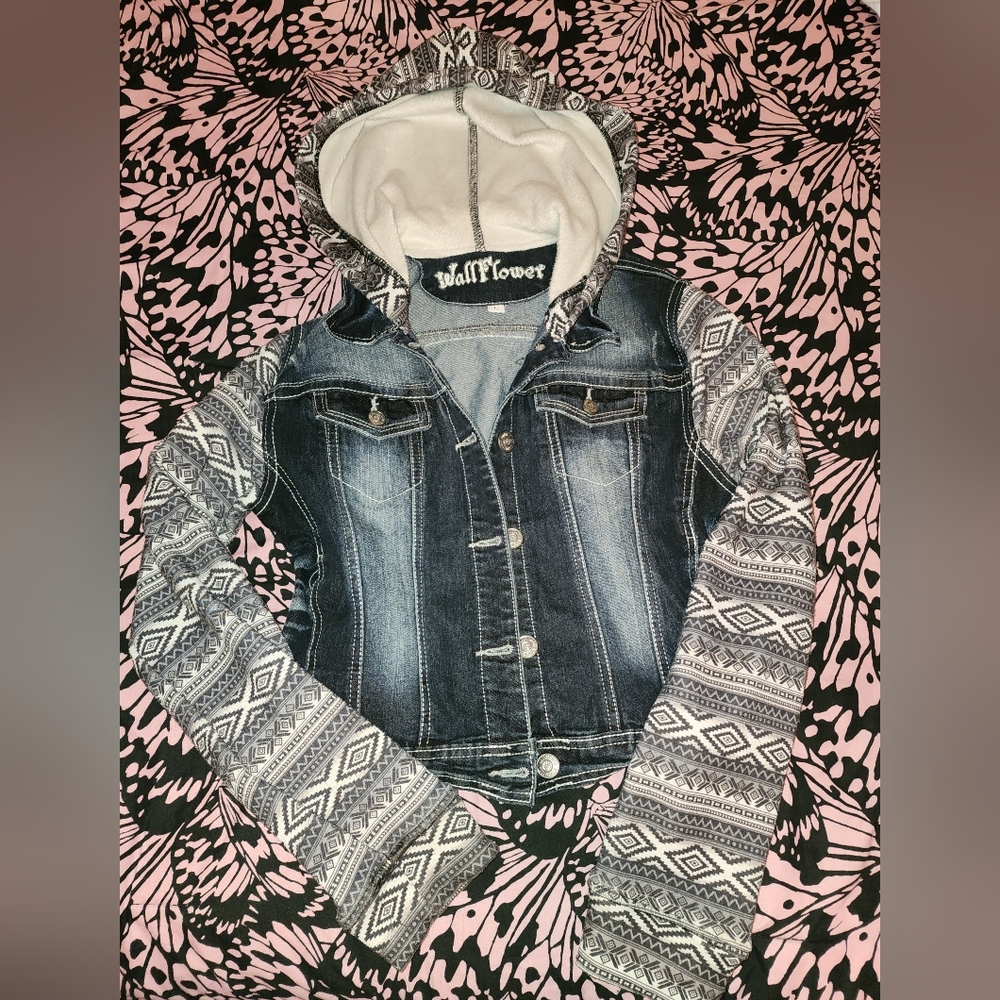 Wallflower Denim Jacket with Patterned Sleeves - Black and White